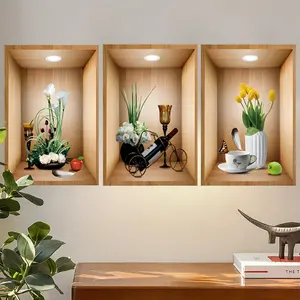 3D Flower and Green Plant Photo Frame Wall Sticker for Living Room, Bedroom, Study, Home Background Wall, Entrance Decoration, Self-adhesive PVC Wall Decal