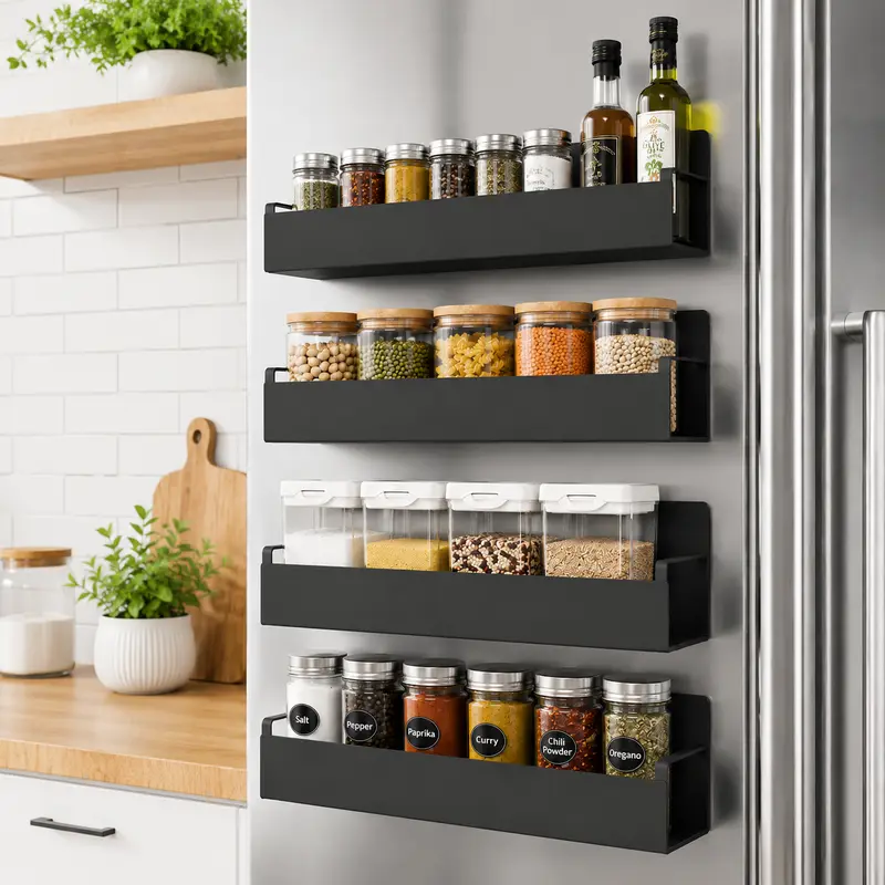 4 Pack Magnetic Spice Rack with Hooks for Refrigerator, Magnetic Shelf for Fridge Space Saving Seasoning Organizer