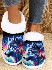 Women's All-Season Slip-On with Wolf Print, Soft Fabric Upper & Plush Fleece Lining, Non-Slip Rubber Sole, Winter Warmth, Fluffy Home Slippers