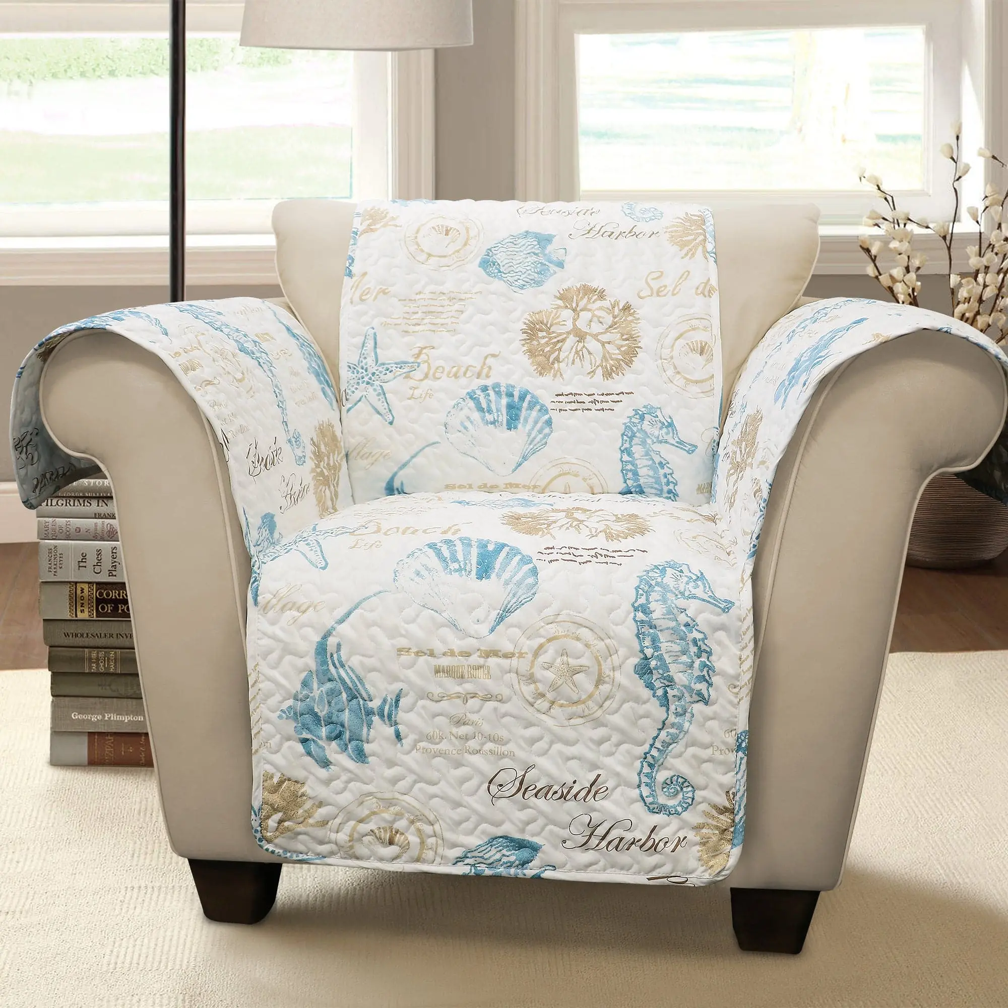 Lush Decor Harbor Life Fashion Couch Protector Slipcover - Seafoam Blue Universal Sofa Protector with Seashell Design, Soft Fabric, Elegant Backrest, Washable Couch Covers