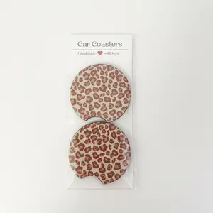 Libby on the Label 2 Piece Handmade Car Coaster Set with Leopard Print Design for Car Accessories
