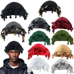 Turban Head Wraps for Men Skull Cap Halo Turban Pre-Tied Tassels Men Satin Lined Turban Hat with Fringe Twisted Tail