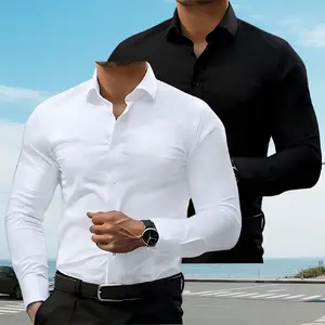 2-Pack Alimens&Gentle Men’s Dress Shirts, 4-Way Stretch, Long Sleeve, Collared, Solid Color, Button-Down, for Weddings & Dates, Business Casual, Breathable, Menswear Wrinkle-Free Four-Sided