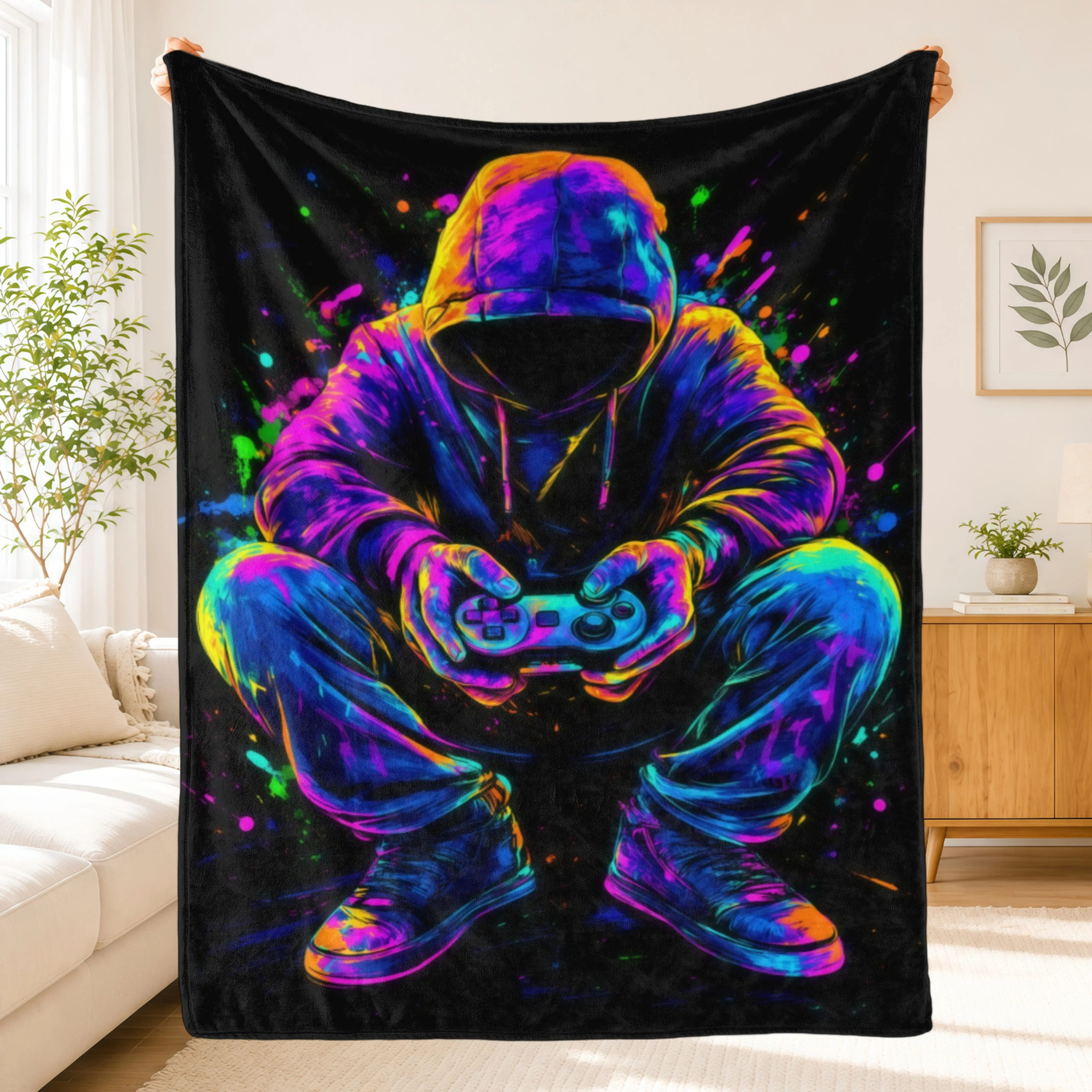 Neon Gamer Blanket,Hooded Gamer Game Controller Print Soft Flannel Throw Blanket,Colorful RGB Cyberpunk Gaming Blanket for Bed Couch Sofa Chair Office Travel Camping,Gaming Room Bedroom Decor,Birthday Christmas Gift for Boys Teens Gamers