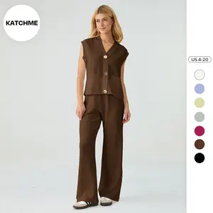 KatchMe Women's Versatile V Neck Gold-Toned Button Decor Loose Tank Top & Wide Leg Trousers Co-ord, Summer 2 Piece Set, Minimalist Two Piece Outfits
