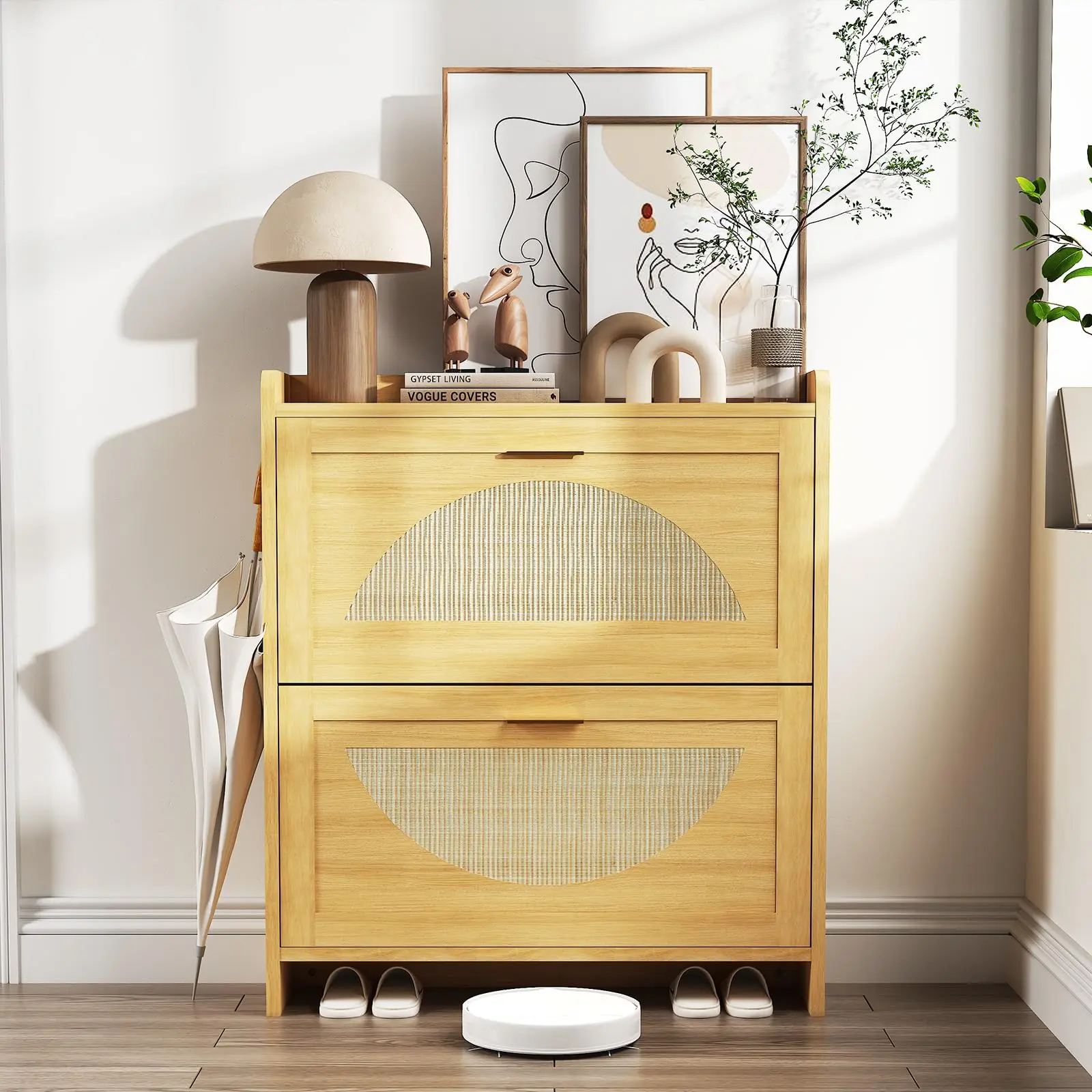 Garvee Rattan Shoe Cabinet with 2 Flip Drawers, Natural Wood Shoe Storage Cabinet for Entryway, Hallway, or Living Room,