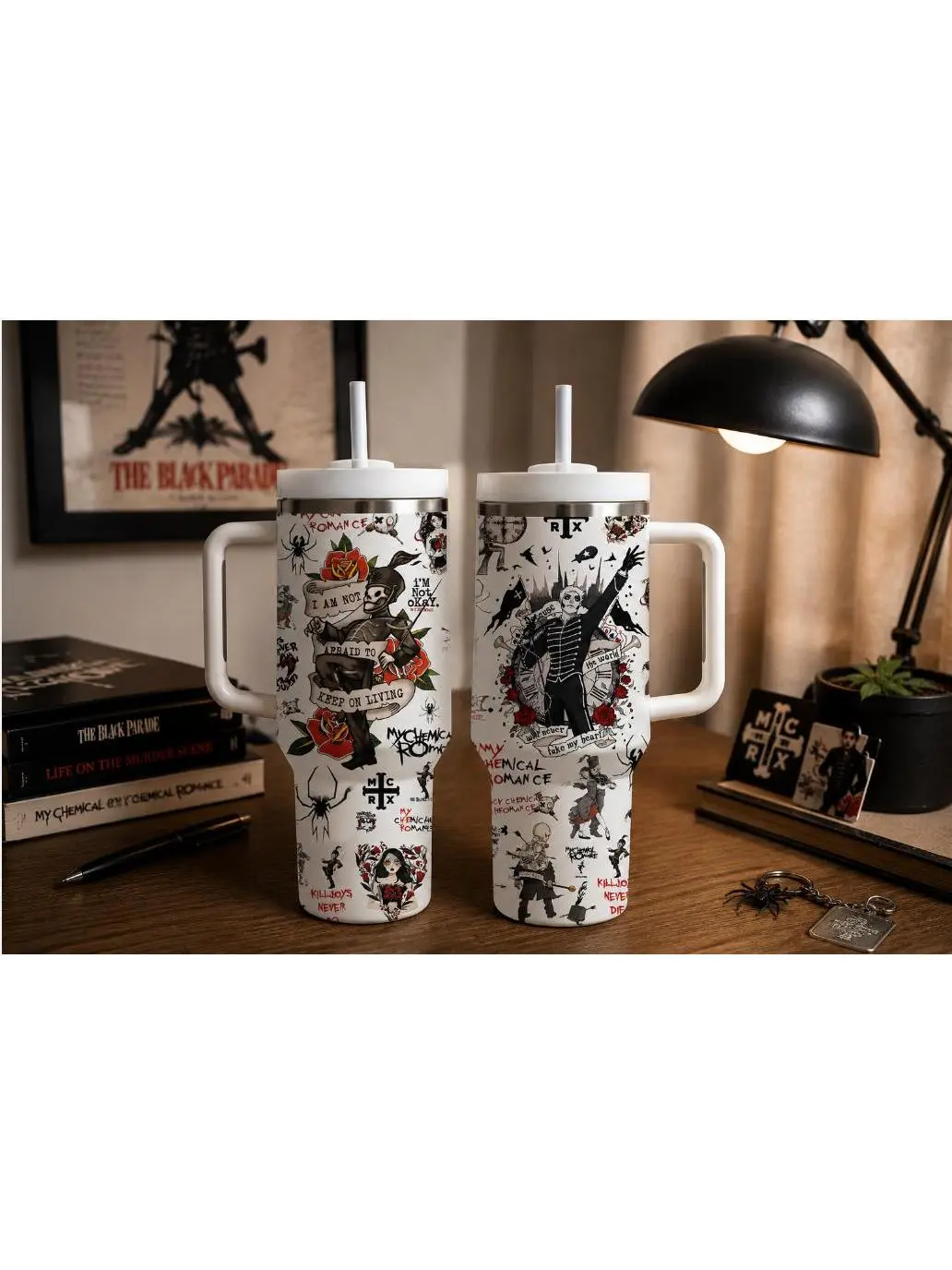 My Chemical Romance Inspired 40 Oz Tumbler with Handle & Straw, Gothic Emo Stainless Steel Insulated Travel Mug Gift for Rock Music Fans