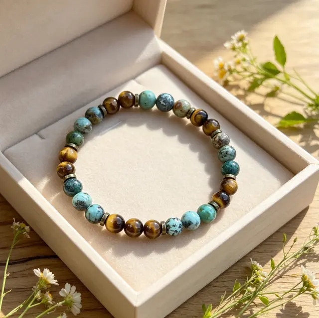 Genuine Tiger Eye African Turquoise Beaded Bracelet 8mm Healing Gemstone Crystal