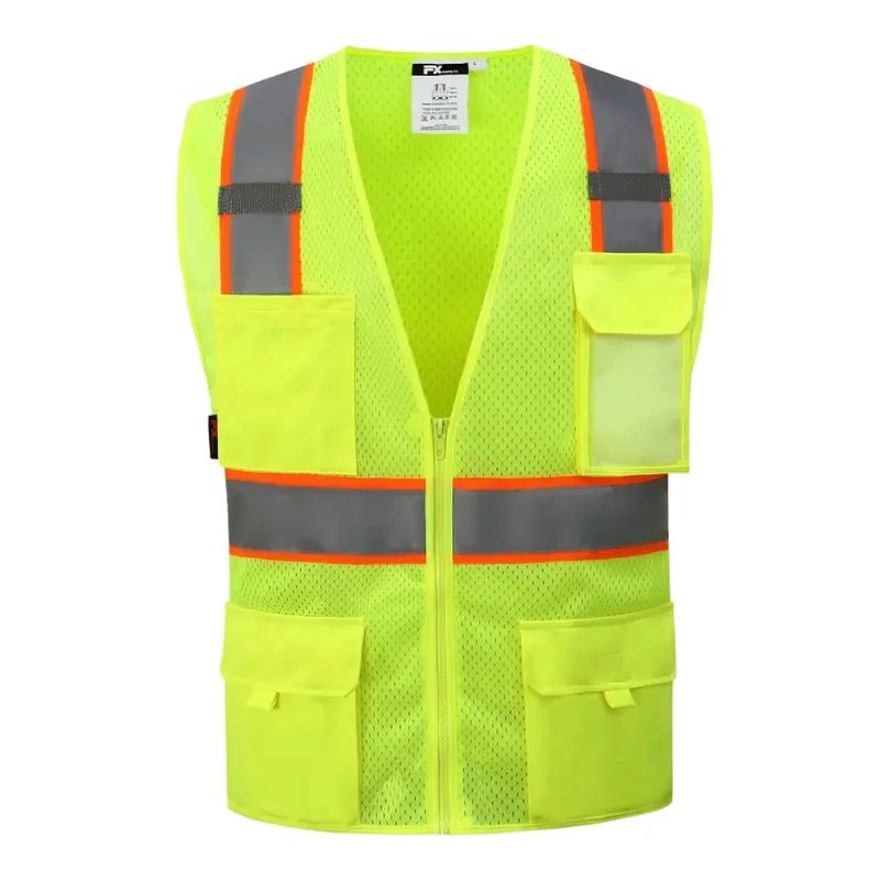 Safety Green Hi-Vis Vest - Class 2 Safety Equipment, Orange Stripe, Reflective Strips, Tool-Accessible Pockets, Protective Gear for Work Use