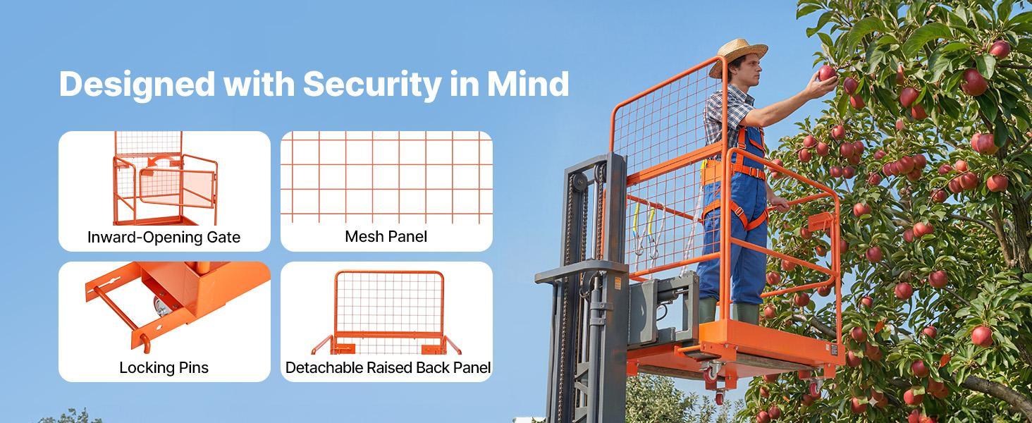 VEVOR Forklift Safety Cage, 36.2 x 41.1 Inch, Forklift Man Basket with 4 Wheels, 1200 lbs Capacity, Heavy Duty Work Platform Collapsible Lift Basket, Safety Harness, for Aerial Work Lifting Loader