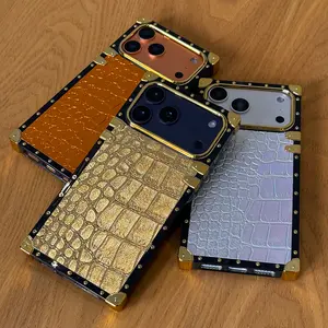 Phone Case: Square Electroplated Shiny Crocodile Pattern Synthetic Leather Electroplated Phone Case Suitable for Apple iPhone 17 Pro Max 16 Pro 15 14 Plus 13 12 11, Hard Back Panel+ Soft Frame Anti-drop Protective Cover