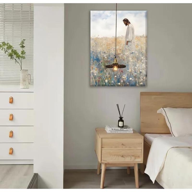 Framed Jesus Leaves the 99 Christian Canvas Wall Art Inspirational Painting of Jesus in Autumn Wildflowers Religious Faith Art Picture Print Christian Décor for Home Living Room and Church12x16in Decor Ornaments