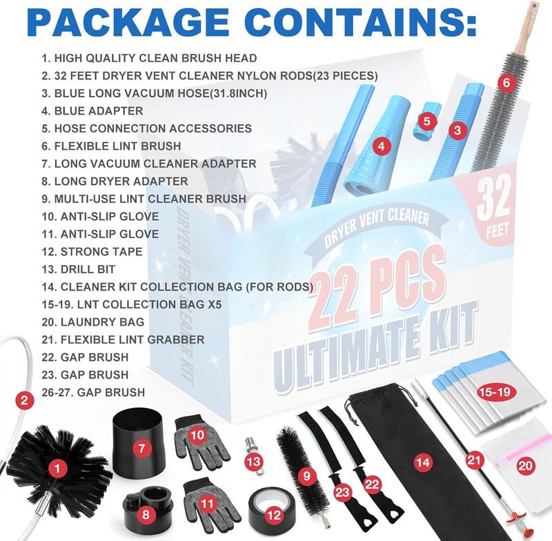 22- Dryer Vent Cleaner Kit with 32  of Synthetic Brush, 23 Nylon Rods, and Universal Drill Bit for Complete Cleaning