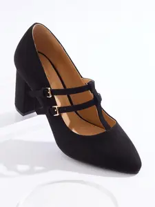 T Strap Black Block Heel Pumps
