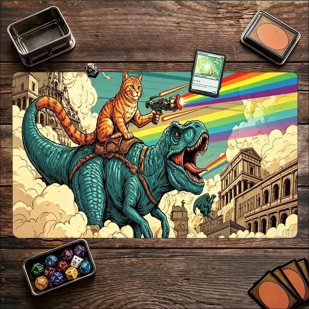2026 Extra Large Playmat FunnyCat Dinosaur Rainbow Print Stitched Border Anti‑Slip Rubber Mat For Board Game Gaming Home Office Table NEW