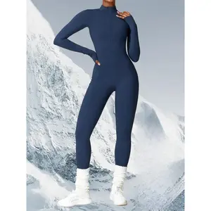 Women's Solid Zip Up Skiing Jumpsuit, Casual Sporty Long Sleeve Jump Suit for Skiing Cycling, Jumpsuit for Women, Ladies Athletic Sportswear for Fall & Winter 90s Clothes