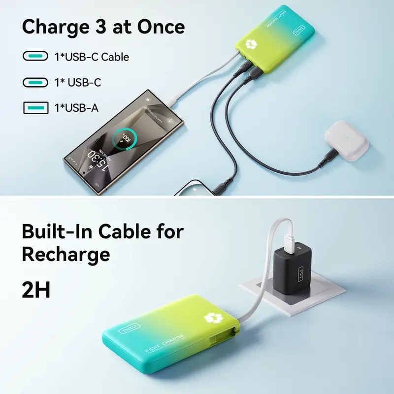 INIU【2 PACK】PawGO 45W 10000mAh Power bank, Slim PD Fast Charging Portable Charger with Build in USB-C Cable,  Perfect Gift Travel Camping Battery Pack, External Phone Charger for iPhone 17 16 15 14 13 12 11 Series Samsung Google Pixel iPad Compact Handy 3