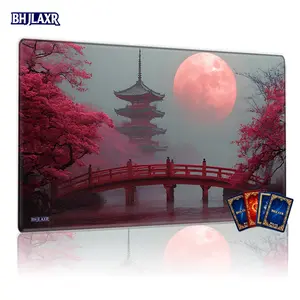 Serene Misty Red Moon Pink Blossom Red Bridge Pagoda TCG MTG Playmat - 12x24in Non-Slip, Ideal for Card Game Enthusiasts, Party & Family Use, Perfect Gift