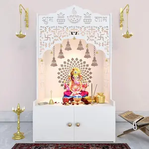 Wooden Pooja Mandir for Home with Spacious Shelf & Inbuilt Focus Light White Pooja Mandir Height 109 cm Temple White Finish Temple for Home