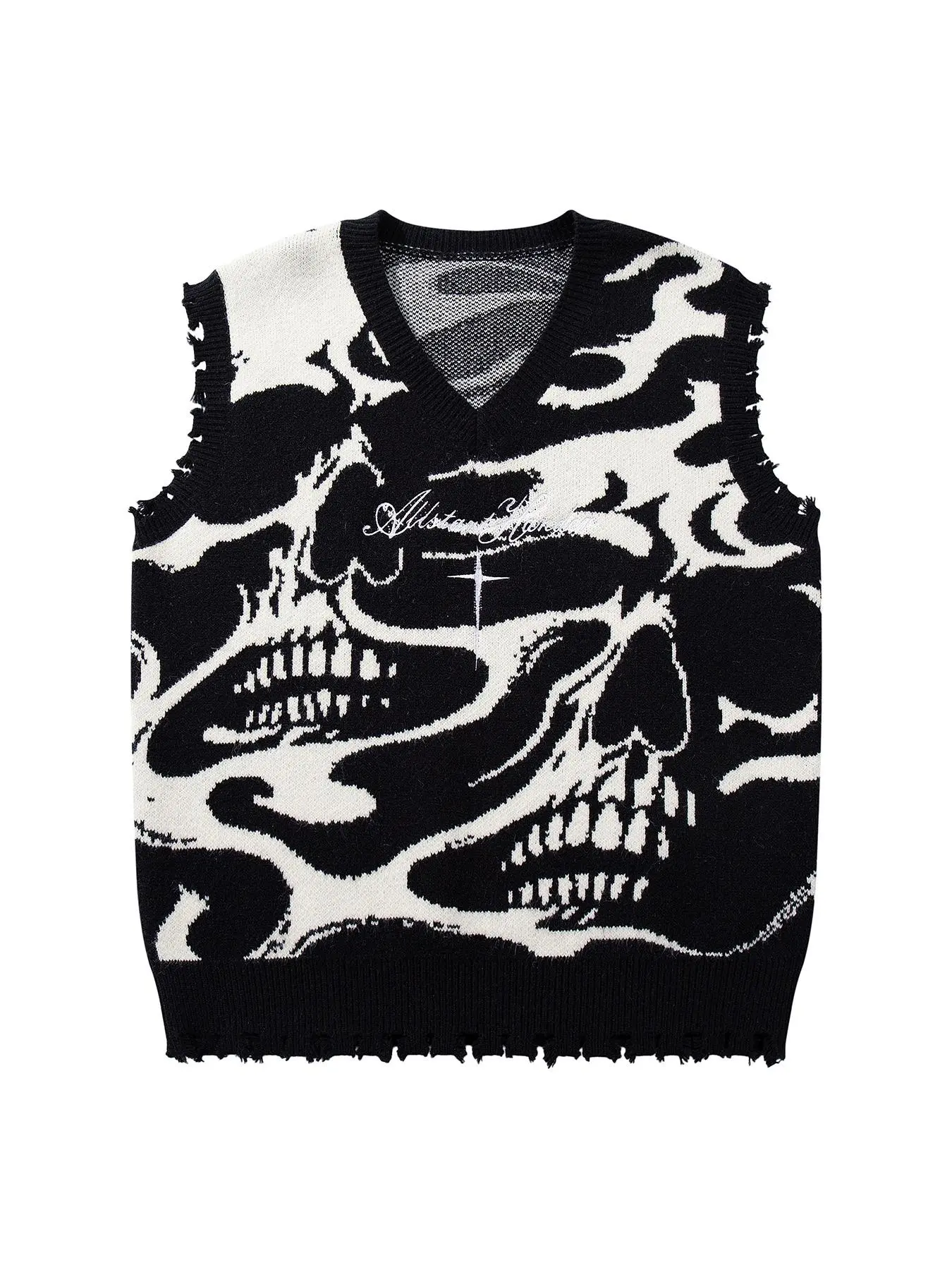 Men's Skull Cross Stitch Embroidery Graphic Knit Vest, Vest Tops, Fashionable Round Neck Pullover, Casual Fall Winter Wear, Trendy Street Style, Versatile Outerwear, Gothic Clothes, Knitted