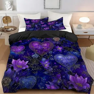 2/3 Pcs Starry Sky Heart-Shaped Flower Quilt Cover Set, Duvet Cover Sets, Soft,Breathable 100% Polyester Fiber,High-Definition Digital Printing,Suitable For All Seasons,Perfect Gift,Suitable For Family,Machine Washable,1 Duvet Cover+1/2 Pillowcase