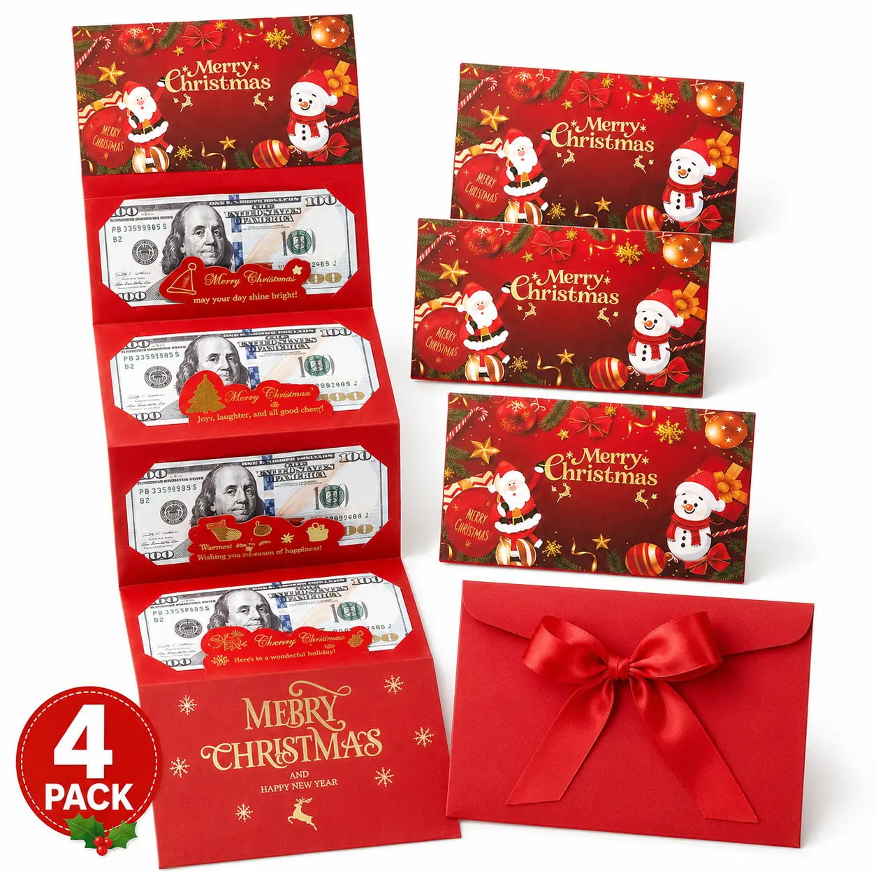 4 Pack Christmas Cash Envelope Gift Box, Accordion Fold Money Holder Card with Holiday Decorations, Perfect Christmas Money Gift, Birthday Gift, Secret Santa Gift and Holiday Celebration Surprise