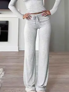 Women's Plain Flare Leg Adjustable Lightweight Breathable Sweatpants, Casual Comfy Fit Trousers for Daily Wear, Ladies Bottoms for Summer