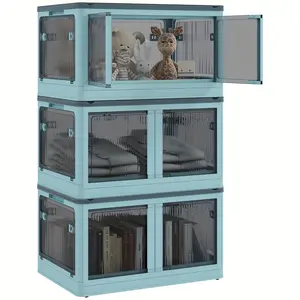 New HOMCOM 32 Gal Stackable Storage Bins with Lids, 3 Packs Collapsible Closet Organizers and Storage, Plastic Drawer Storage Container on Wheels with 5-Sided Access, Doors for Blanket Boxes