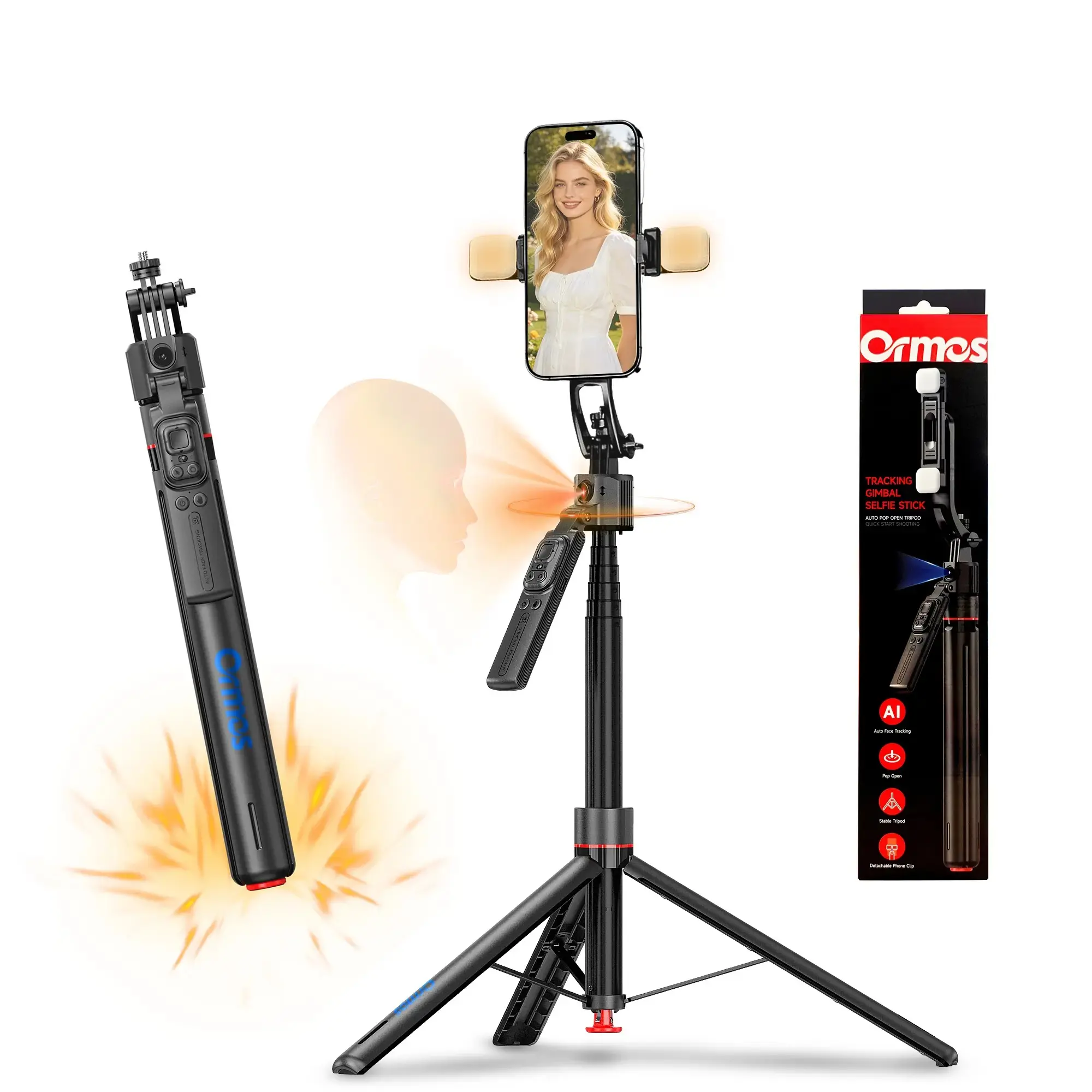 Ormos Portable Auto Face Tracking Selfie Stick-Tripod - 1.7M/1.8M Extendable, 1-Touch Open, Bluetooth Remote, Magnetic Smartphone Tripod Stand Wireless Remote Phone Holders & Mounts Accessories for iPhone/Android Travel, Travel Gadgets