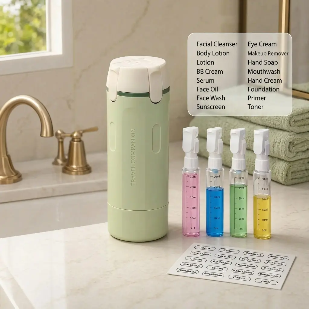 4-in-1 Leakproof Travel Storage Bottle with Easy-Press Pump, Compact Design, Smooth Flow for Shampoo, Lotion, Cosmetics, Toiletries Carry-On Essential for Travel Use