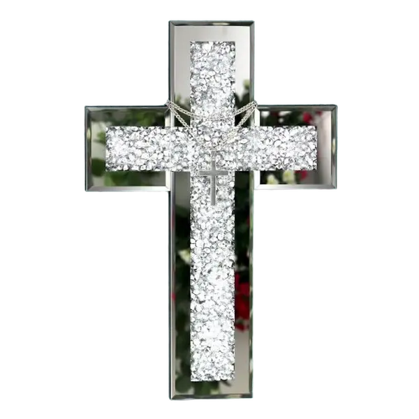 Mirrored Cross Wall Decor - Crushed Diamond-Embedded Glass Mirror (Silver wall mounted) Decoration Hanging