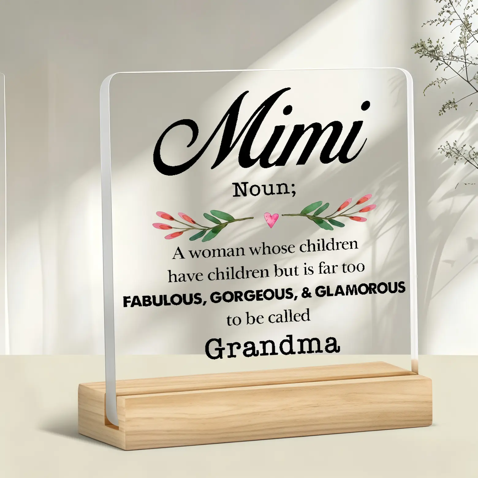 Best Mimi Gift, Mimi Definition Acrylic Desk Plaque Sign with Wood Stand, Floral Print Tabletop Decor Keepsake Present for Home Office