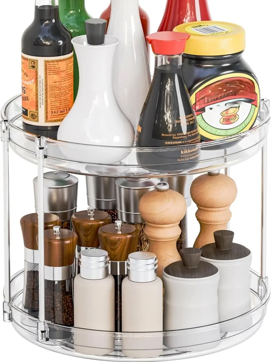 2 Tier Turntable for Cabinet,Countertop,Pantry,9.5"W Spinning Seasoning Organizer,Double Rotating Kitchen Spice Rack Organizer and Condiments,Medicine,Vitamin Bottle Organizer Carousels,1Pc