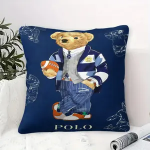 Polo Bear Preppy Football Throw Pillow, Soft Decorative Cushion, Soft Padded Cushion, Classic Navy Blue Design – Perfect for Preppy Style Bedroom & Living Room Decor