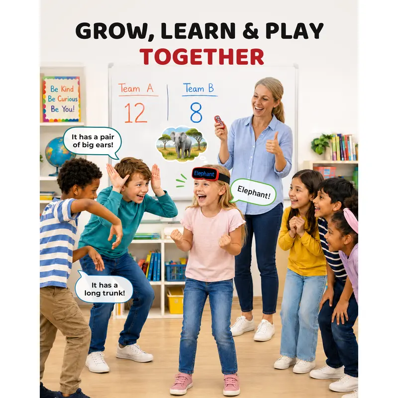 Classroom team game with teacher scoring Team A and Team B while kids guess the word on the headband