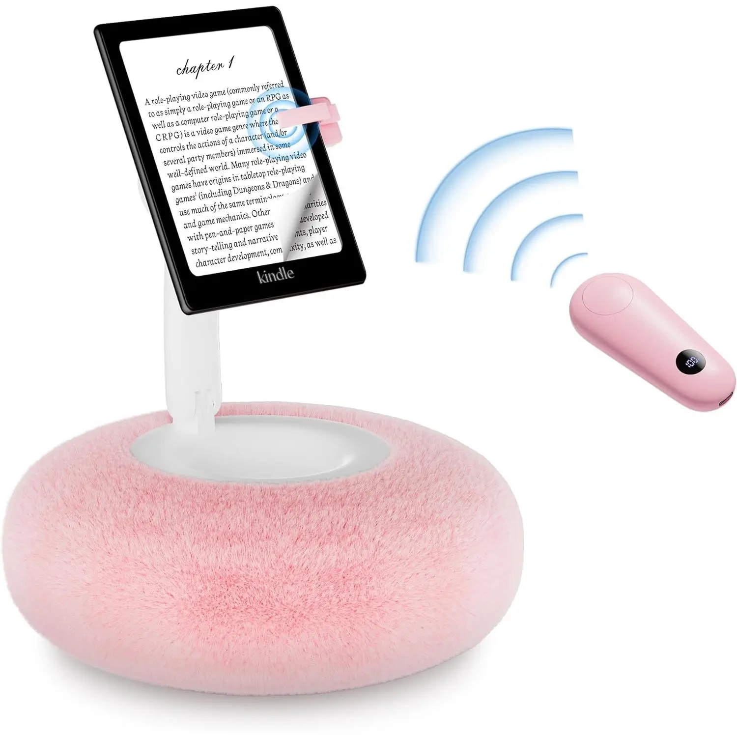 Magnetic Kindle Holder with Page Turner, Cozy Pillow Kindle Stand for Reading, 360? Adjustable Phone Holder for Bed, Small Bowl for Tablet Stand with Stable Suction Base (Pink)