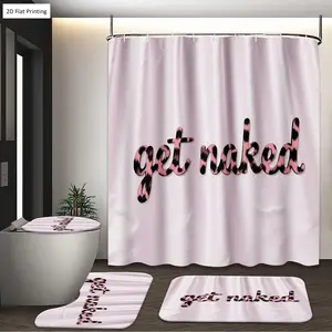1/3/4PCS Casual Top with Get Naked Leopard print Lettering Shower Curtain Set with Rugs, Non Slip Bath Mat, U-Shape Carpet, Toilet Lid Cover, Polyester Fabric Bathtub Curtain Accessories, 12 Hooks, Home Bathroom Festival Decor