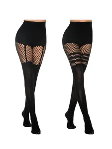 2 PCS Womens Everyday Faux Thigh High Fishnet Stockings Stitching Opaque Pantyhose Mock Over the Knee Goth Striped Suspender Tights Fit