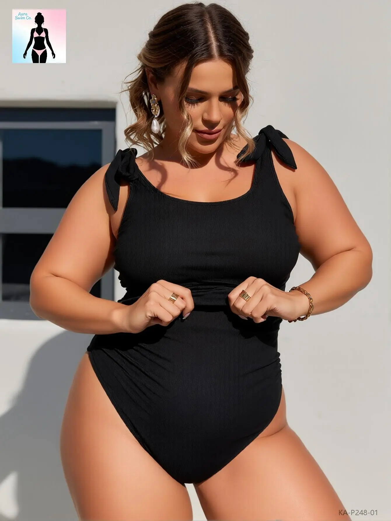 Aura Swim Women's Solid Black Ribbed Opaque Tummy Control 1-Piece Swimsuit - Shoulder Tie Straps, Belly Hiding, Plus Size 2XL Beach Pool Essential for Curvy Women, Smooth, Plus Size Fashion