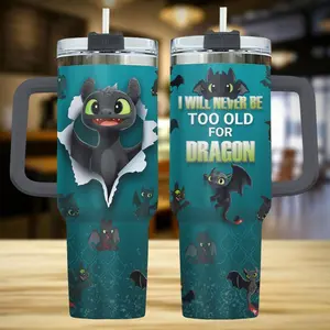 Dragon Rider 40oz Tumbler with Handle, Night Fury Inspired Dragon Print Travel Mug, Fantasy Fan Gift
