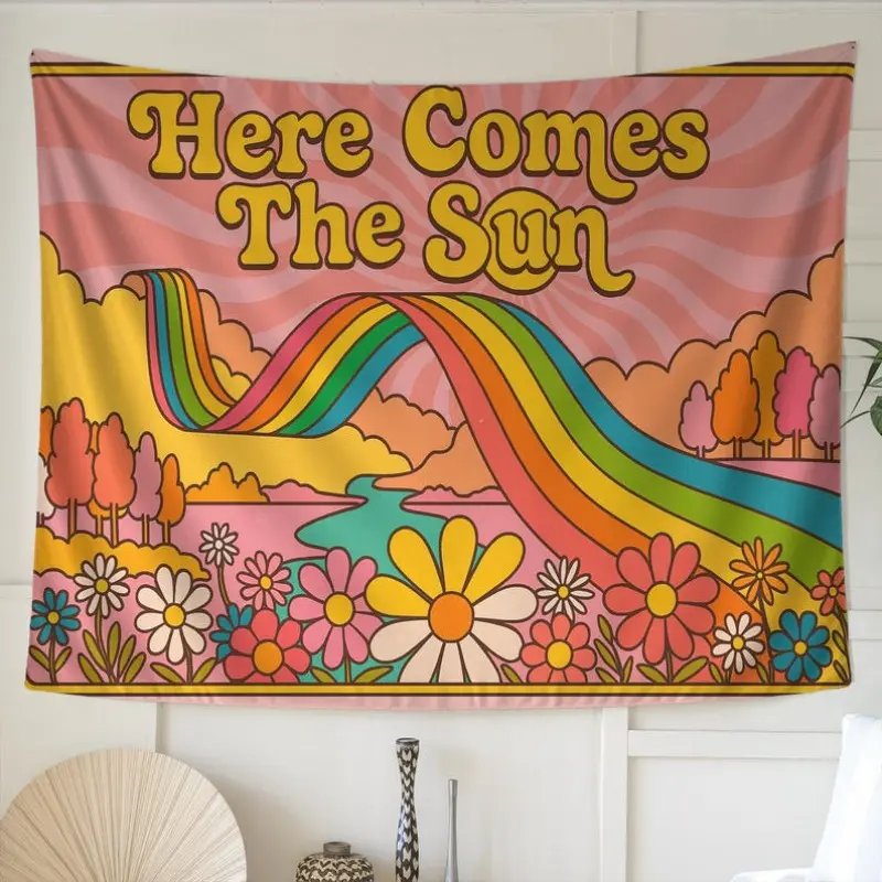 [Sun Tapestry] 1pc Hangable Vintage Colors Wall Decor - Retro 70s Boho Fabric Home Supplies, Horizontal Rainbow & Sunshine Floral Design, 1-Piece Hippie Decor Inspo for Horizontal Hanging Spaces