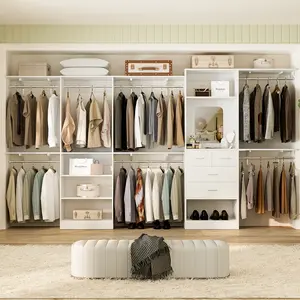 45"-153" Adjustable Closet System with 6 Extendable Rods and 4 Drawers,Modern Walk-in Closet Organization with 6 Shelves and Big Mirror Luxury Design