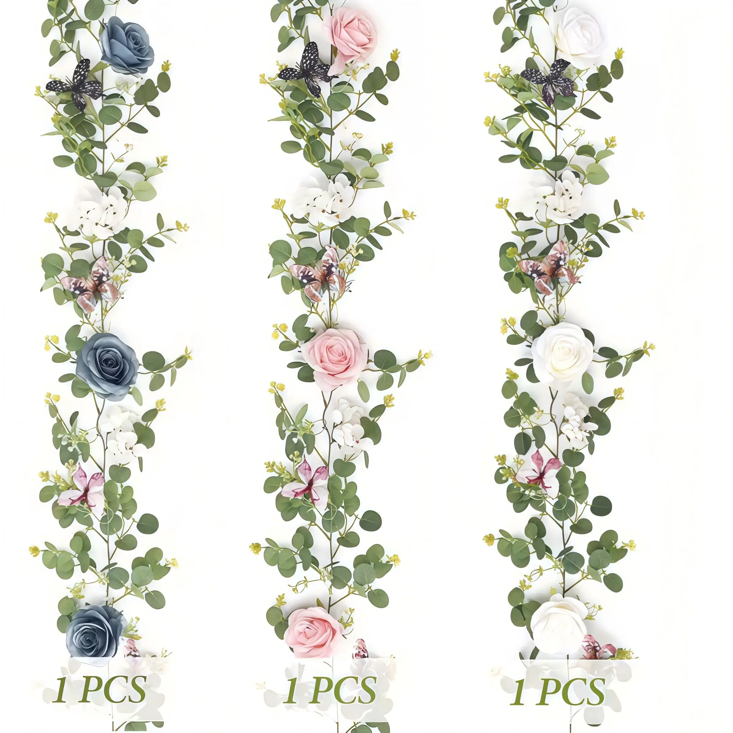 6ft Artificial Eucalyptus Rose Garland with Butterfly, Decorative Faux Flower Vines, Decorative Flowers, Artificial Roses for Wedding Arch, Home Wall, Party Backdrop, Garden, Bridal Shower, Birthday Decoration, Artificial Flower Decorations
