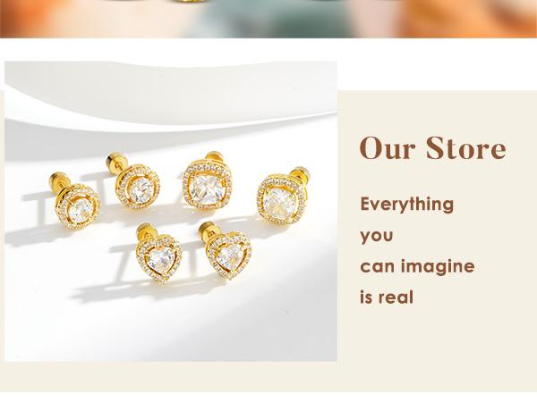Turandoss 6 Pairs Stud Earrings Set for Women - 925 Sterling Silver Gold Plated CZ Flat Back Earrings