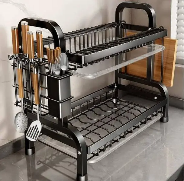 Sturdy metal 2‑tier dish drying rack, great for storing bowls plates spatulas and kitchen knives