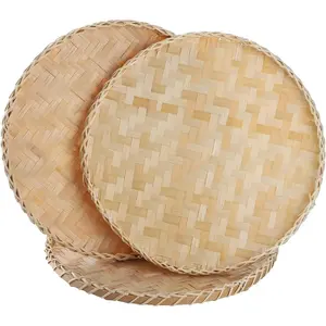 3 Pieces Handmade Bamboo Woven Basket Tray, 13 Inch Round Flat Wicker Baskets, Shallow Food Storage Serving Trays Decorative Wall Hanging Baskets for Breakfast, Fruit, Snacks (Beige)