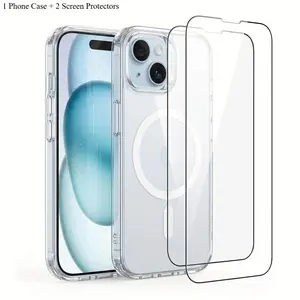 3PCS (1 Phone Case + 2 Tempered Glass Screen Protectors) for iPhone 17/16/16E/15/14/13/12/11 Promax Pro Plus Air,Luxury Transparent Acrylic Magnetic Wireless Charging Cover,Anti-yellowing phone case, Shockproof,