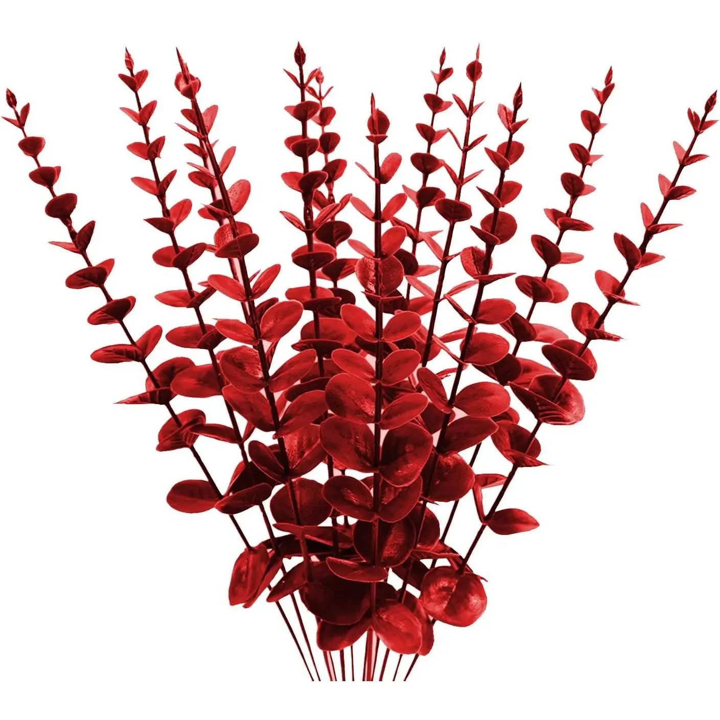 Plastic Eucalyptus  Red Stems 12 count  Faux Decorations with Artificial Leaves Greenery  Leaf Suitable Home Office House Table Desk Decor Wedding Party Vase Forever Live