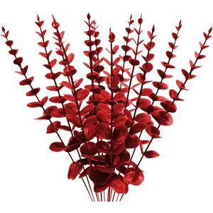 Plastic Eucalyptus  Red Stems 12 count  Faux Decorations with Artificial Leaves Greenery  Leaf Suitable Home Office House Table Desk Decor Wedding Party Vase Forever Live