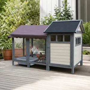 Large Outdoor Wooden Chicken Coop with Brooding Boxes for 6-8 Chickens, Waterproof Felt Roof, Predator-Proof Wire Run, Solid Wood Poultry Cage with Detachable Canvas Cover, Beige+White/Dark Gray Options, Beige+White/Dark Gray Color Options